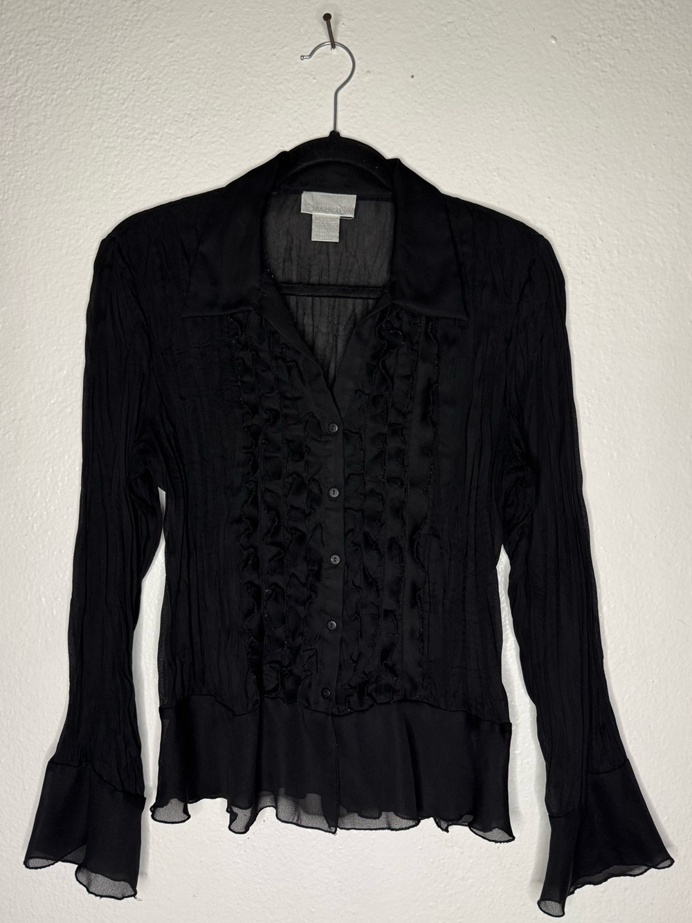 Vintage Worthington Black Sheer Ruffle Blouse Micro Pleated Whimsigoth Top M